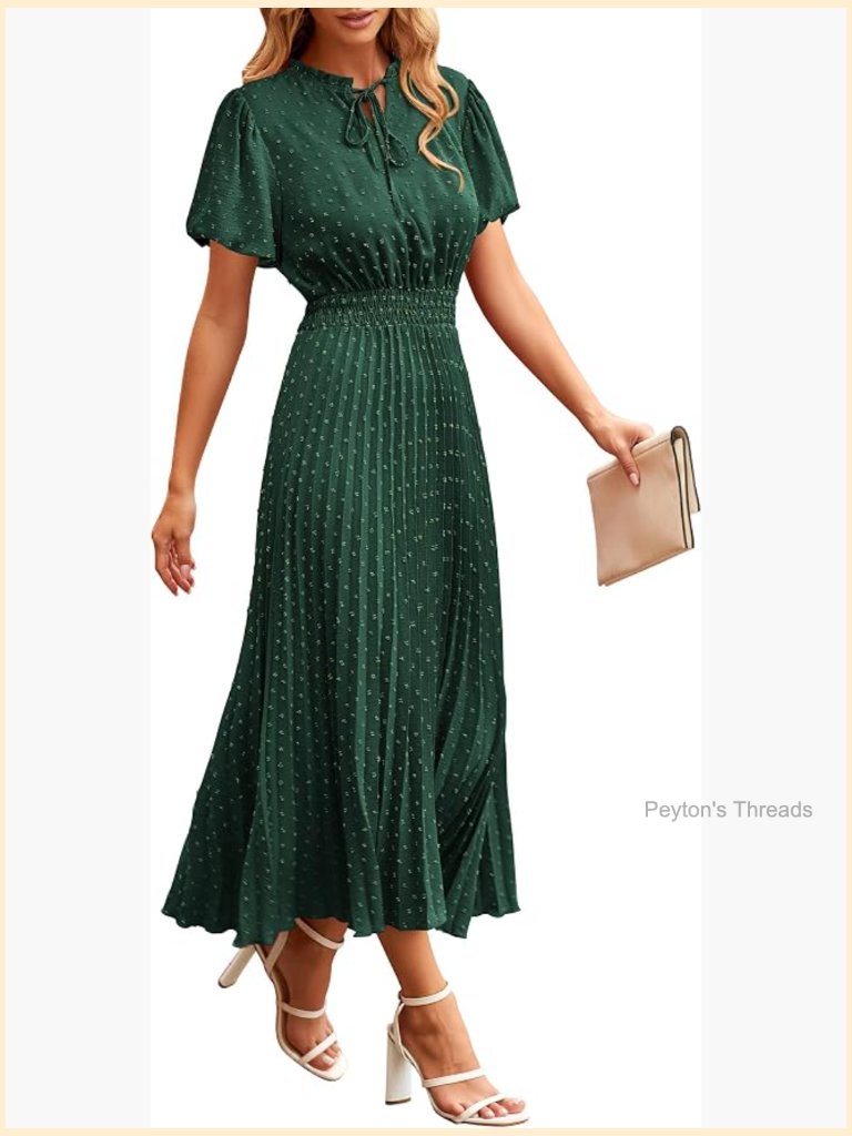 Swiss Dot Puff Sleeve V Neck A Line Midi Dress Flowy Summer Wedding Guest